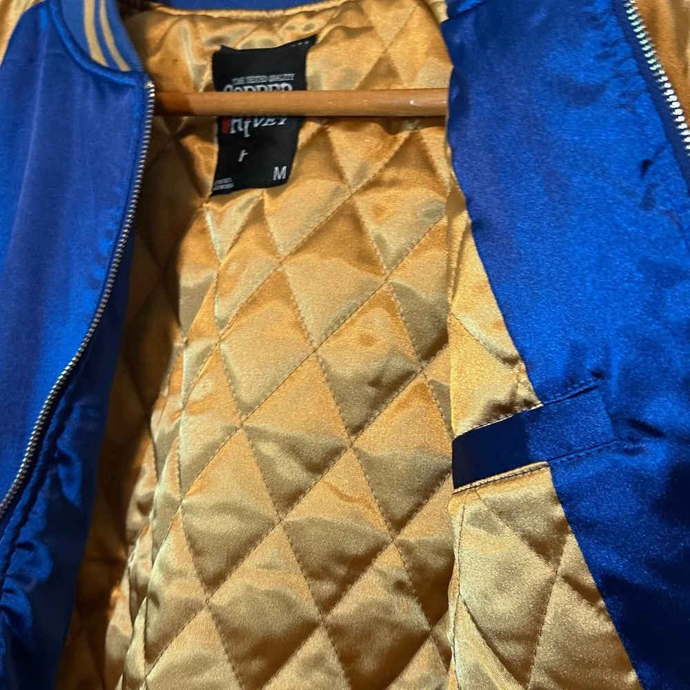 Copper Rivet Blue Gold Dragon Embroidered Souvenir Bomber Jacket Mens Medium